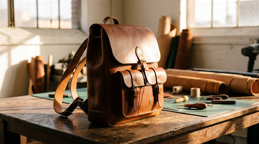 Mochila de cuero marrón artesanal Modelo Clásica dispuesta sobre banco de trabajo de carpintero con herramientas de marroquinería